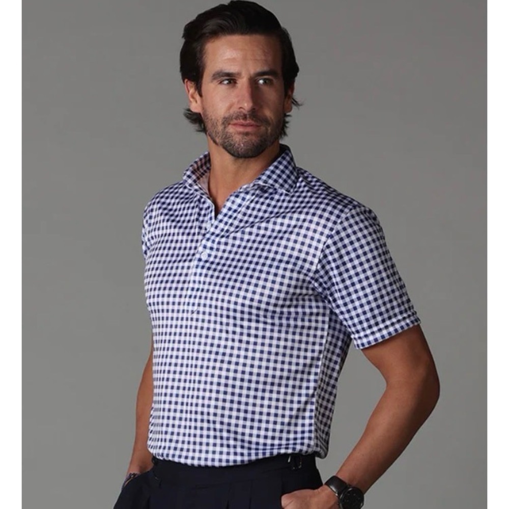 NWT Collars & Co. Semi-Spread Collar Polo Navy Gingham Mens Size Large